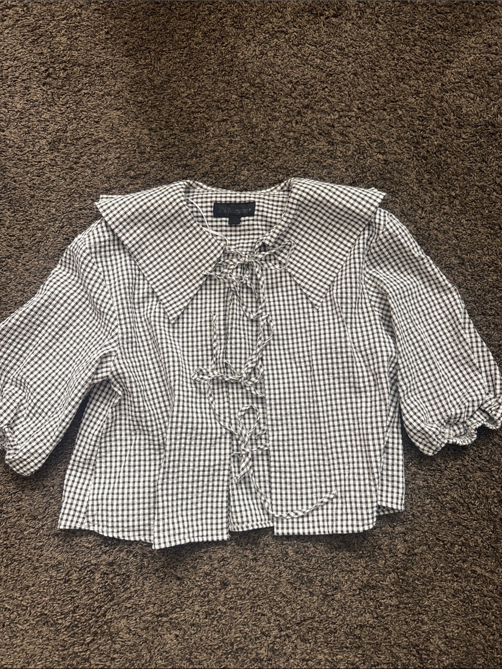 Zara Black and White Gingham Tie-Front Top with Peter Pan Collar